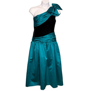 Nolan Miller Dynasty One Shoulder Teal Taffeta Formal Gown Bow Velvet Bodice 80s